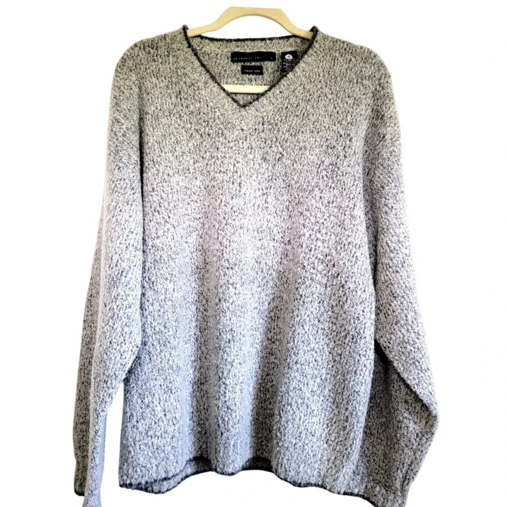 Metropolitan View Mens L V-Neck Wool Blend‎ Sweater Gray Black Marl Italian Yarn